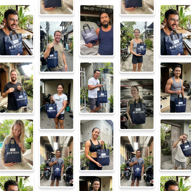 Newtech community members with branded Newtech bags